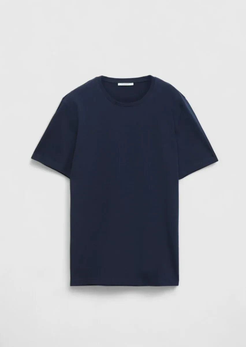 Lacivert Düz Bisiklet Yaka %100 Pamuk T-Shirt - 5