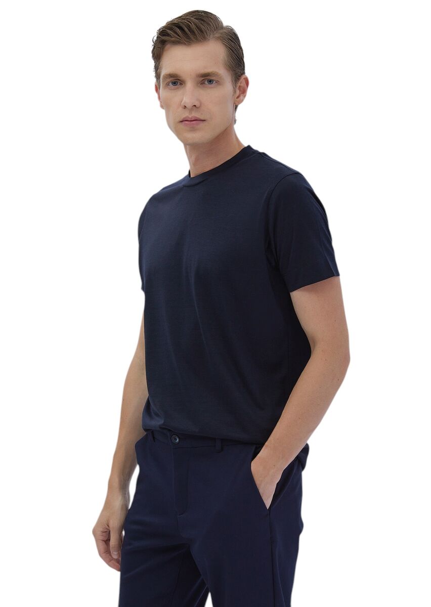 Lacivert Düz Bisiklet Yaka İpek Karışımlı T-Shirt - 3