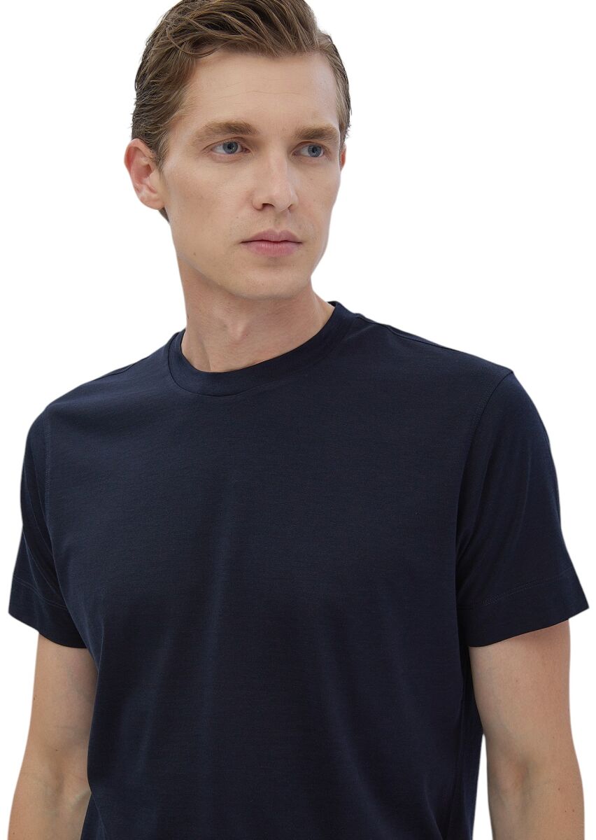 Lacivert Düz Bisiklet Yaka İpek Karışımlı T-Shirt - 4