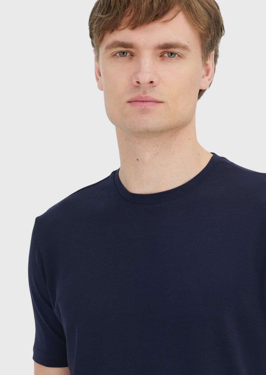 Lacivert Düz Bisiklet Yaka Pamuk Karışımlı T-Shirt - 3