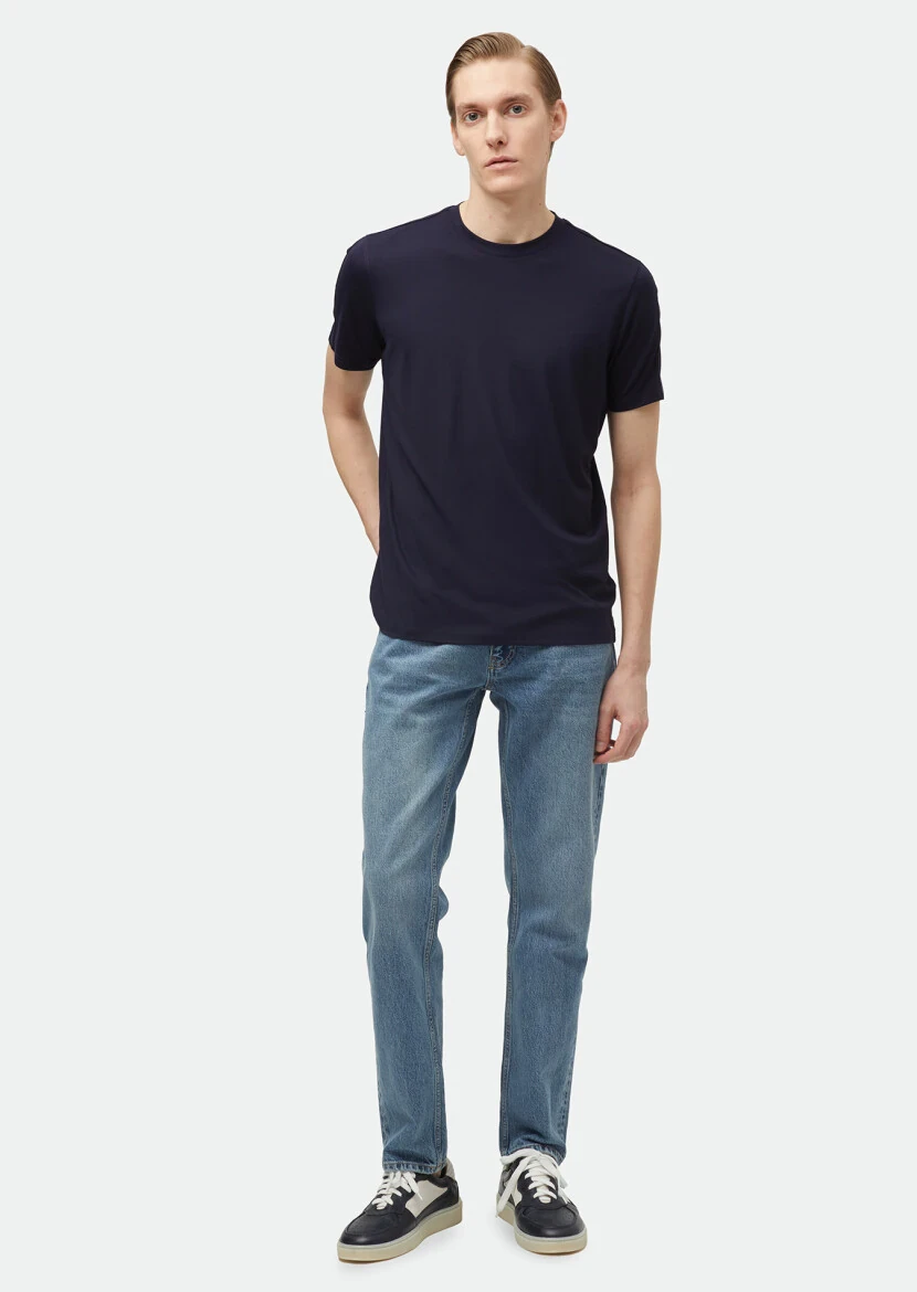 Lacivert Düz Bisiklet Yaka T-Shirt 