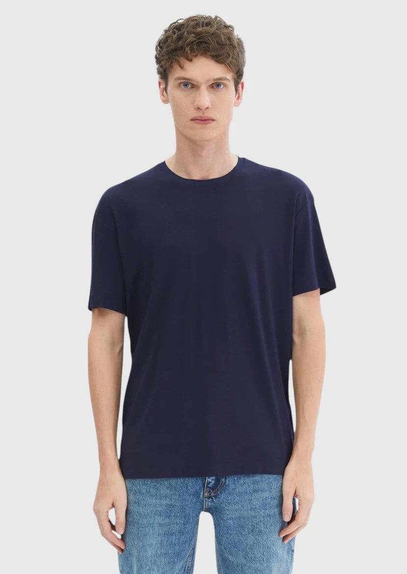 Lacivert Düz Bisiklet Yaka T-Shirt - 1
