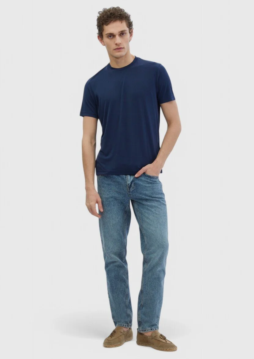 Lacivert Düz Bisiklet Yaka T-Shirt 