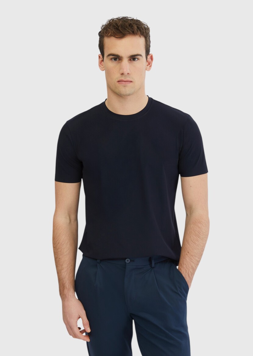 Lacivert Düz Bisiklet Yaka T-Shirt - 1