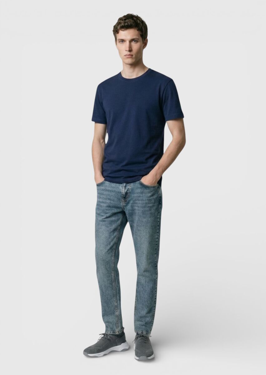 Lacivert Düz Bisiklet Yaka T-Shirt - 2