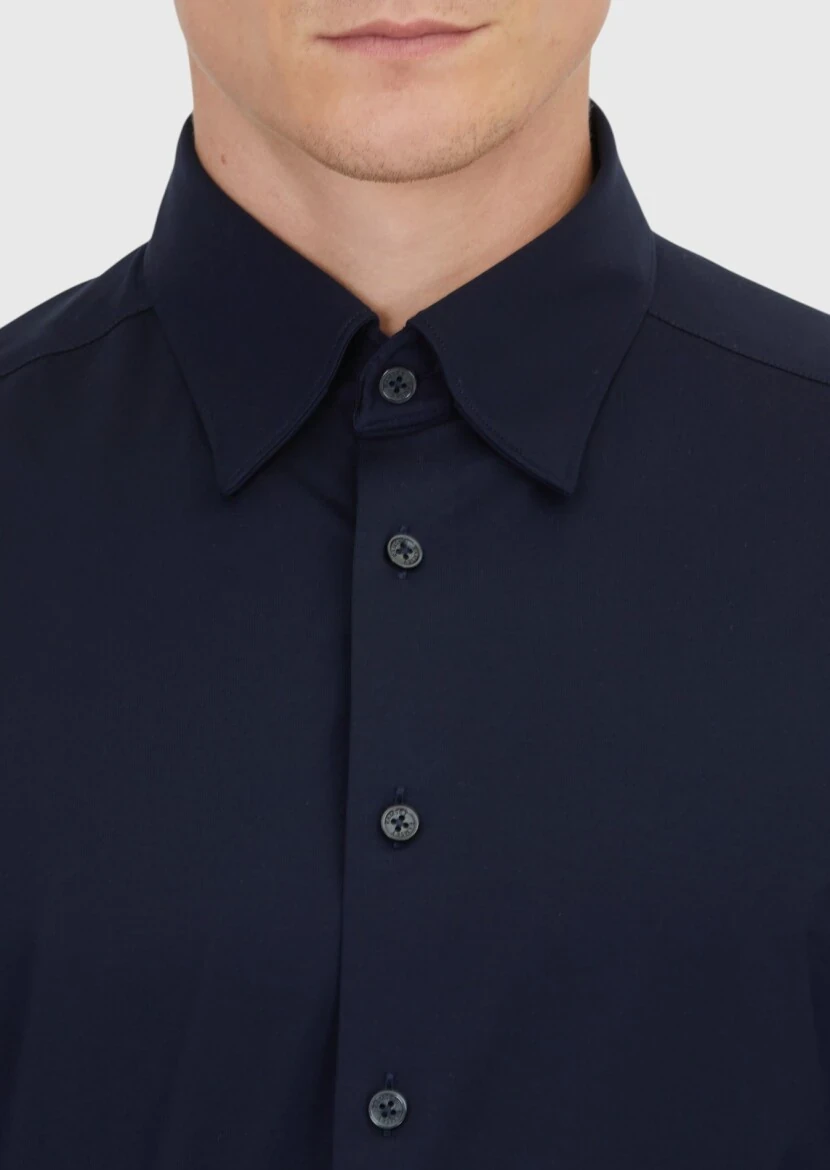 Lacivert Düz Casual Fit Casual Pamuk Karışımlı Gömlek - 3