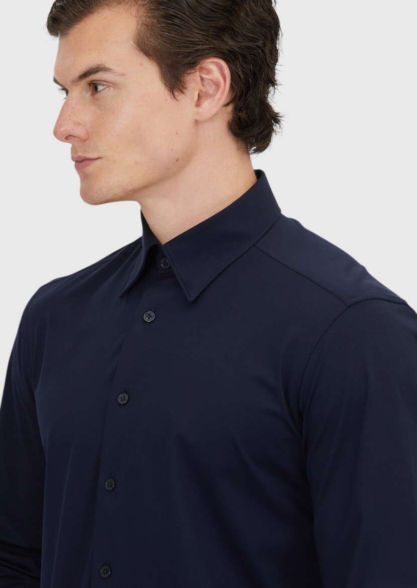 Lacivert Düz Casual Fit Casual Pamuk Karışımlı Gömlek - 4