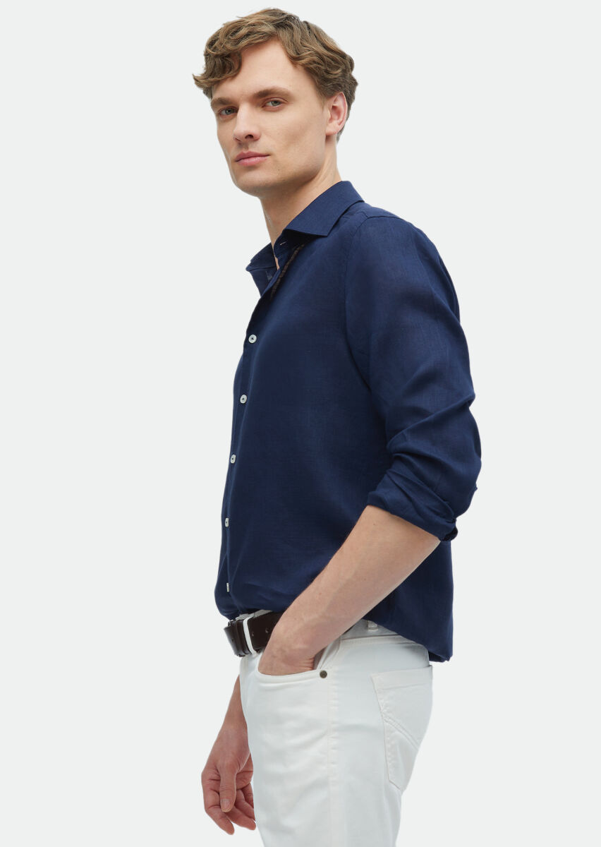 Lacivert Düz Casual Fit Dokuma Casual %100 Keten Gömlek - 2