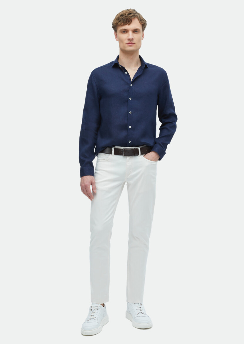 Lacivert Düz Casual Fit Dokuma Casual %100 Keten Gömlek - 3