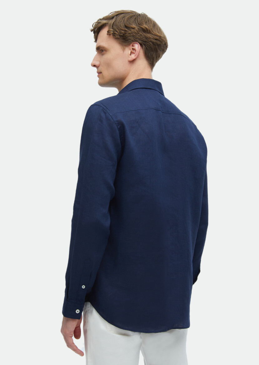 Lacivert Düz Casual Fit Dokuma Casual %100 Keten Gömlek - 6