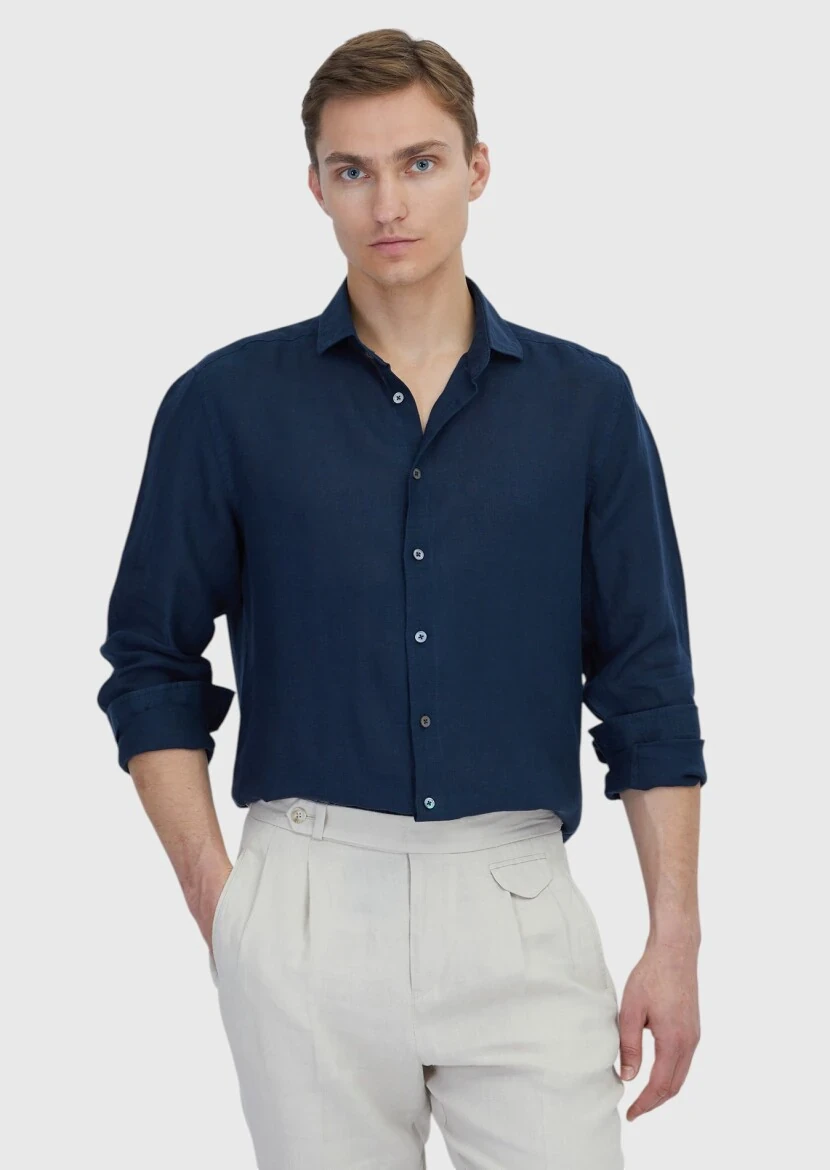 Lacivert Düz Casual Fit Dokuma Casual %100 Keten Gömlek - 1