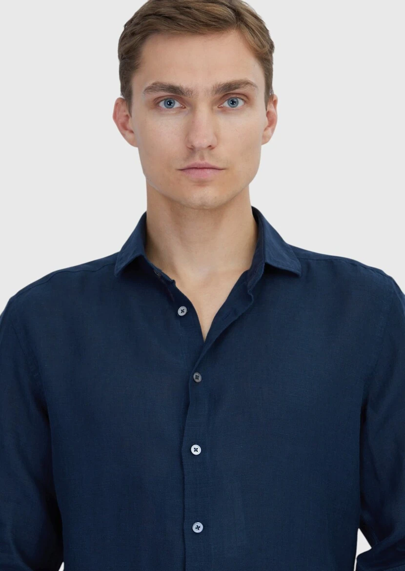 Lacivert Düz Casual Fit Dokuma Casual %100 Keten Gömlek - 3