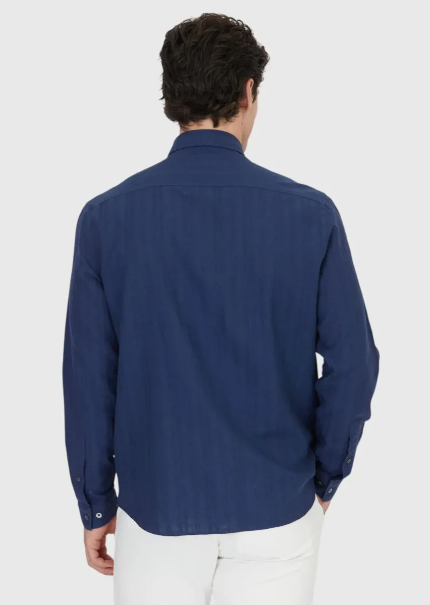 Lacivert Düz Casual Fit Dokuma Casual Pamuk Karışımlı Gömlek - 5