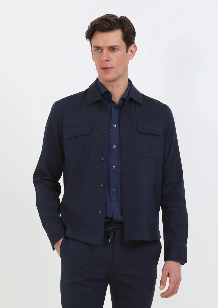 Lacivert Düz Casual Fit Dokuma Yün Karışımlı Overshırt - 1