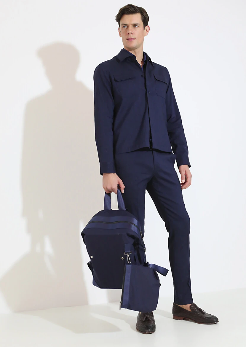 Lacivert Düz Casual Fit Dokuma Yün Karışımlı Overshırt - 4