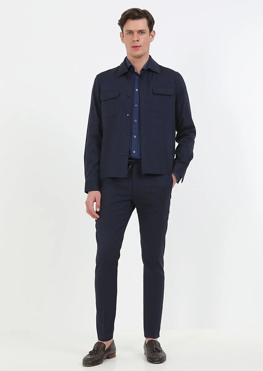 Lacivert Düz Casual Fit Dokuma Yün Karışımlı Overshırt - 5