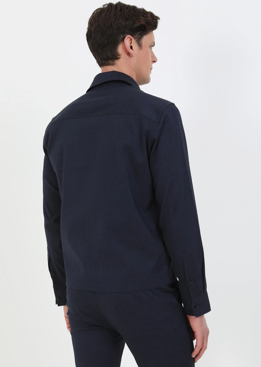 Lacivert Düz Casual Fit Dokuma Yün Karışımlı Overshırt - 7