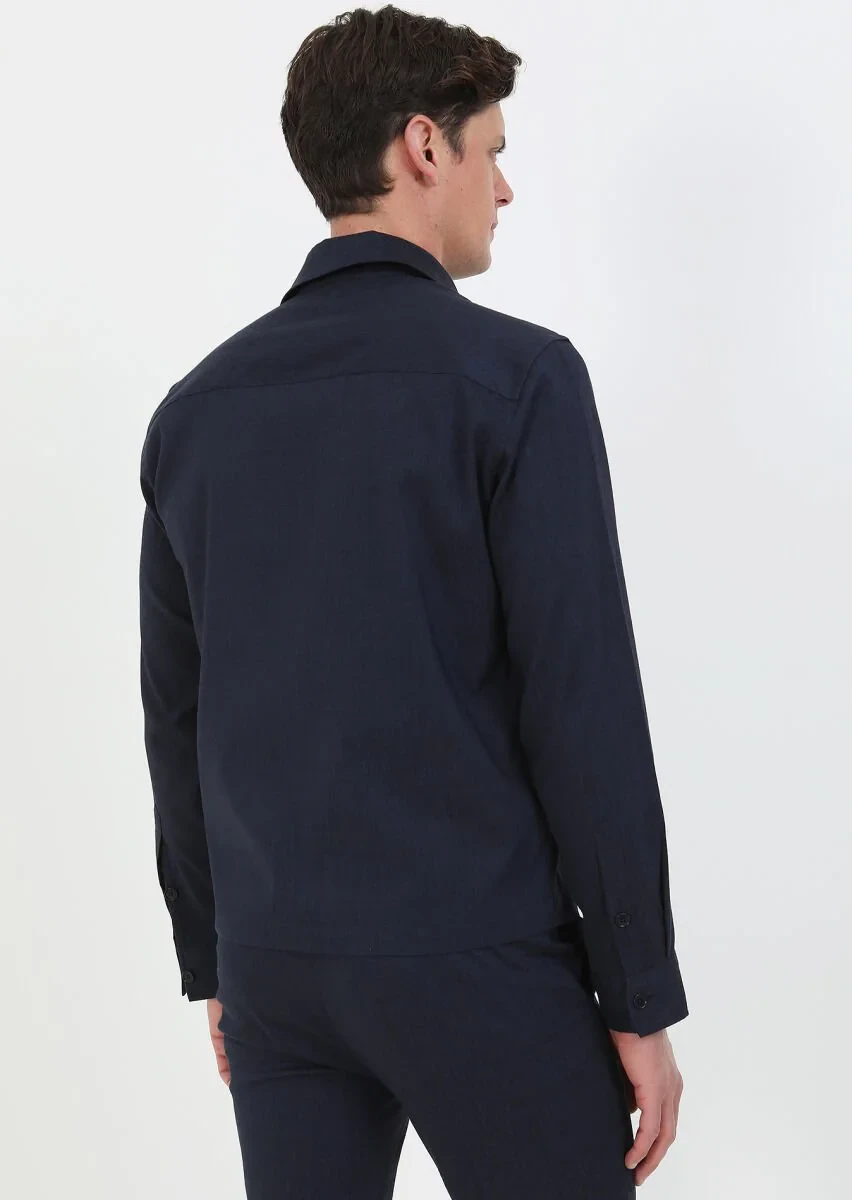 Lacivert Düz Casual Fit Dokuma Yün Karışımlı Overshırt - 7