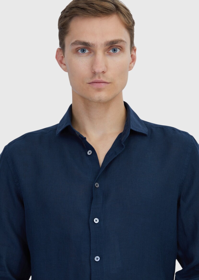 Lacivert Düz Casual Fit Uzun Dokuma Casual %100 Keten Gömlek - 3
