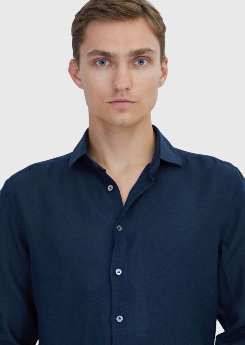 Lacivert Düz Casual Fit Uzun Dokuma Casual %100 Keten Gömlek - 3