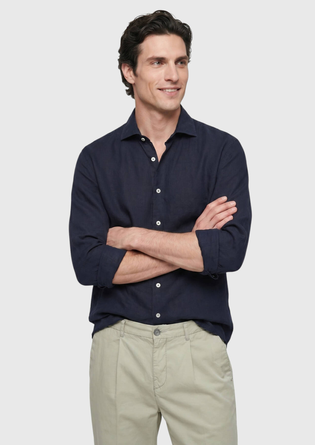 Lacivert Düz Casual Fit Uzun Dokuma Casual %100 Keten Gömlek