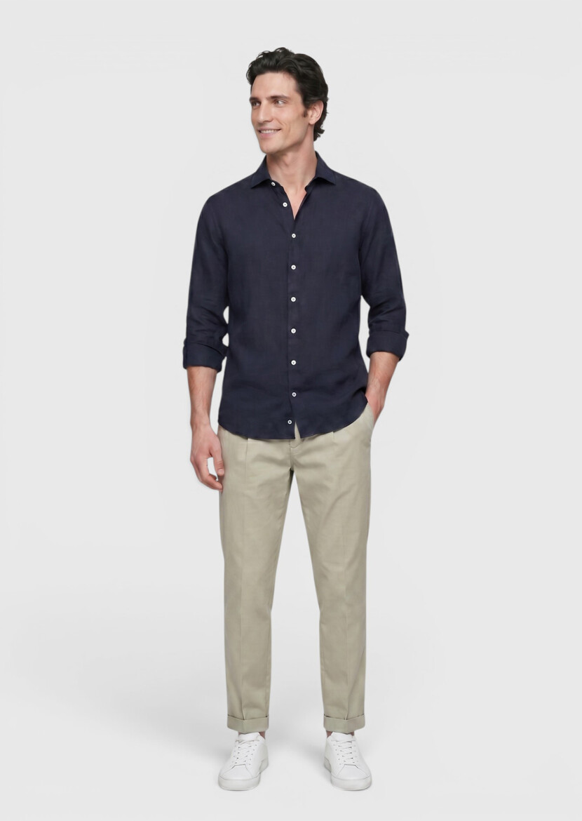 Lacivert Düz Casual Fit Uzun Dokuma Casual %100 Keten Gömlek - RAMSEY