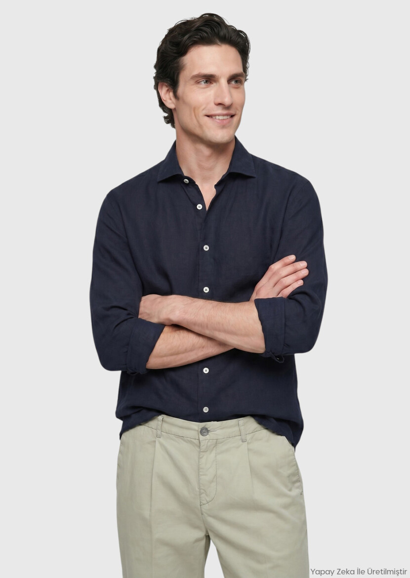 Lacivert Düz Casual Fit Uzun Dokuma Casual %100 Keten Gömlek 