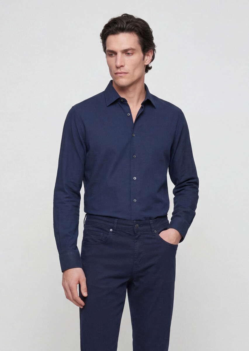 Lacivert Düz Casual Fit Uzun Dokuma Casual %100 Pamuk Gömlek - 1