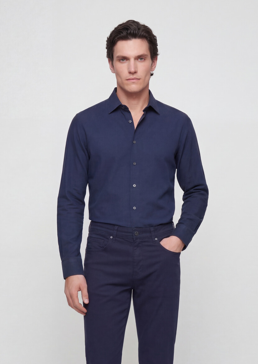 Lacivert Düz Casual Fit Uzun Dokuma Casual %100 Pamuk Gömlek - 3