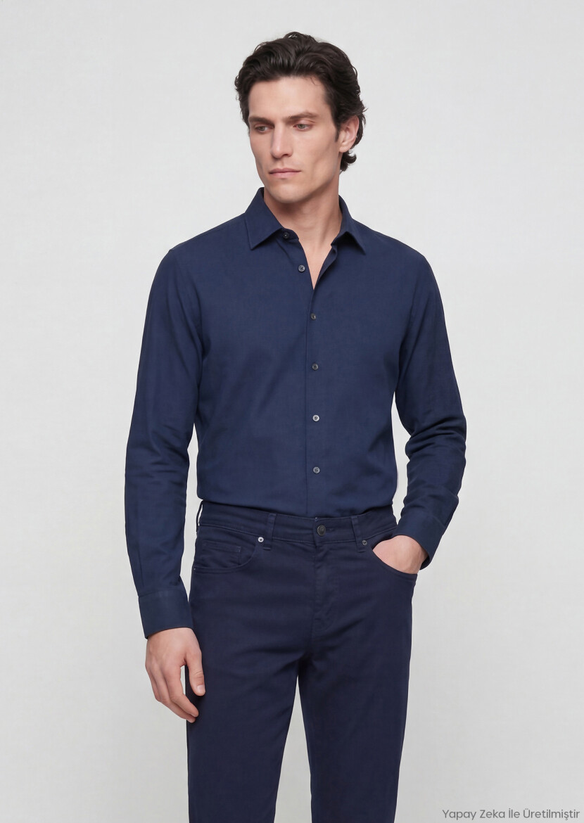 Lacivert Düz Casual Fit Uzun Dokuma Casual %100 Pamuk Gömlek - RAMSEY
