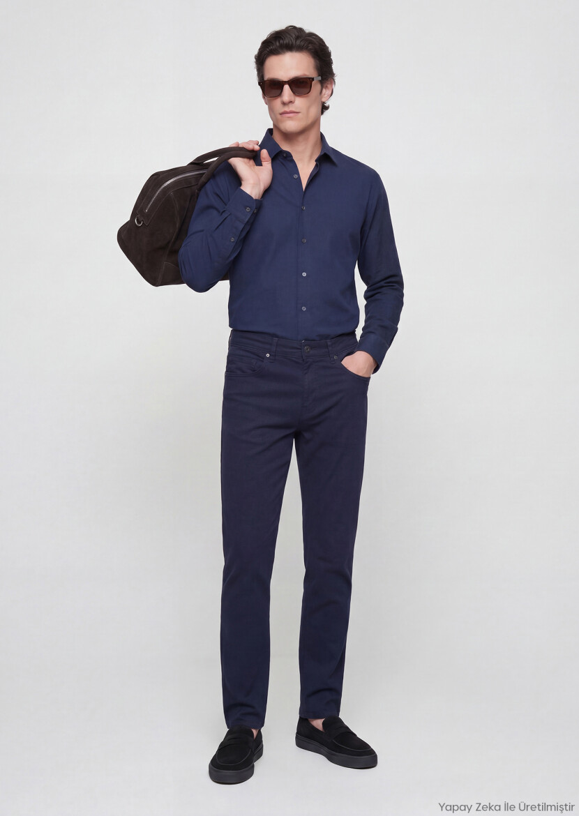 Lacivert Düz Casual Fit Uzun Dokuma Casual %100 Pamuk Gömlek - RAMSEY