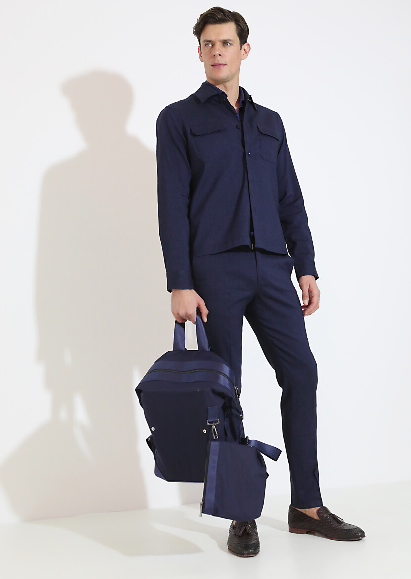 Lacivert Düz Casual Fit Uzun Dokuma Yün Karışımlı Overshırt - 4