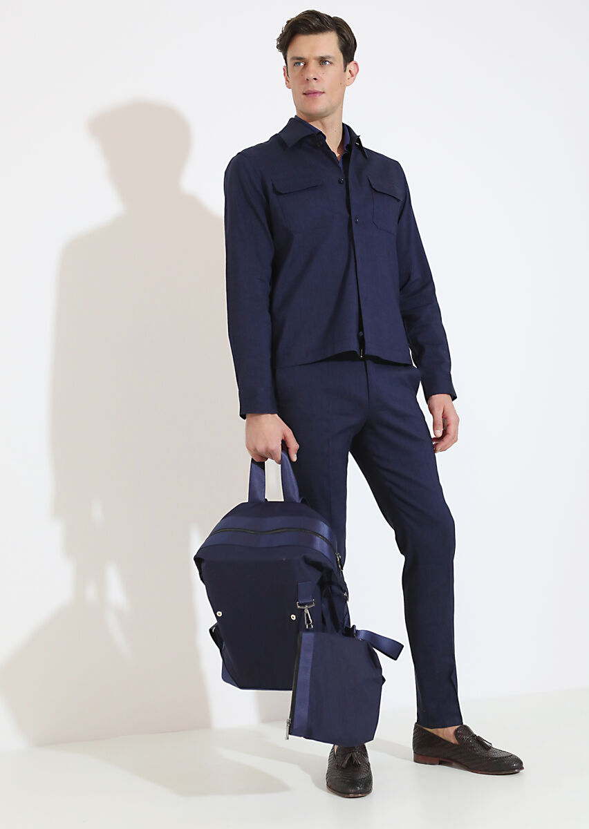 Lacivert Düz Casual Fit Uzun Dokuma Yün Karışımlı Overshırt - 4