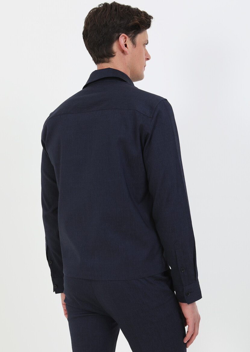 Lacivert Düz Casual Fit Uzun Dokuma Yün Karışımlı Overshırt - 7