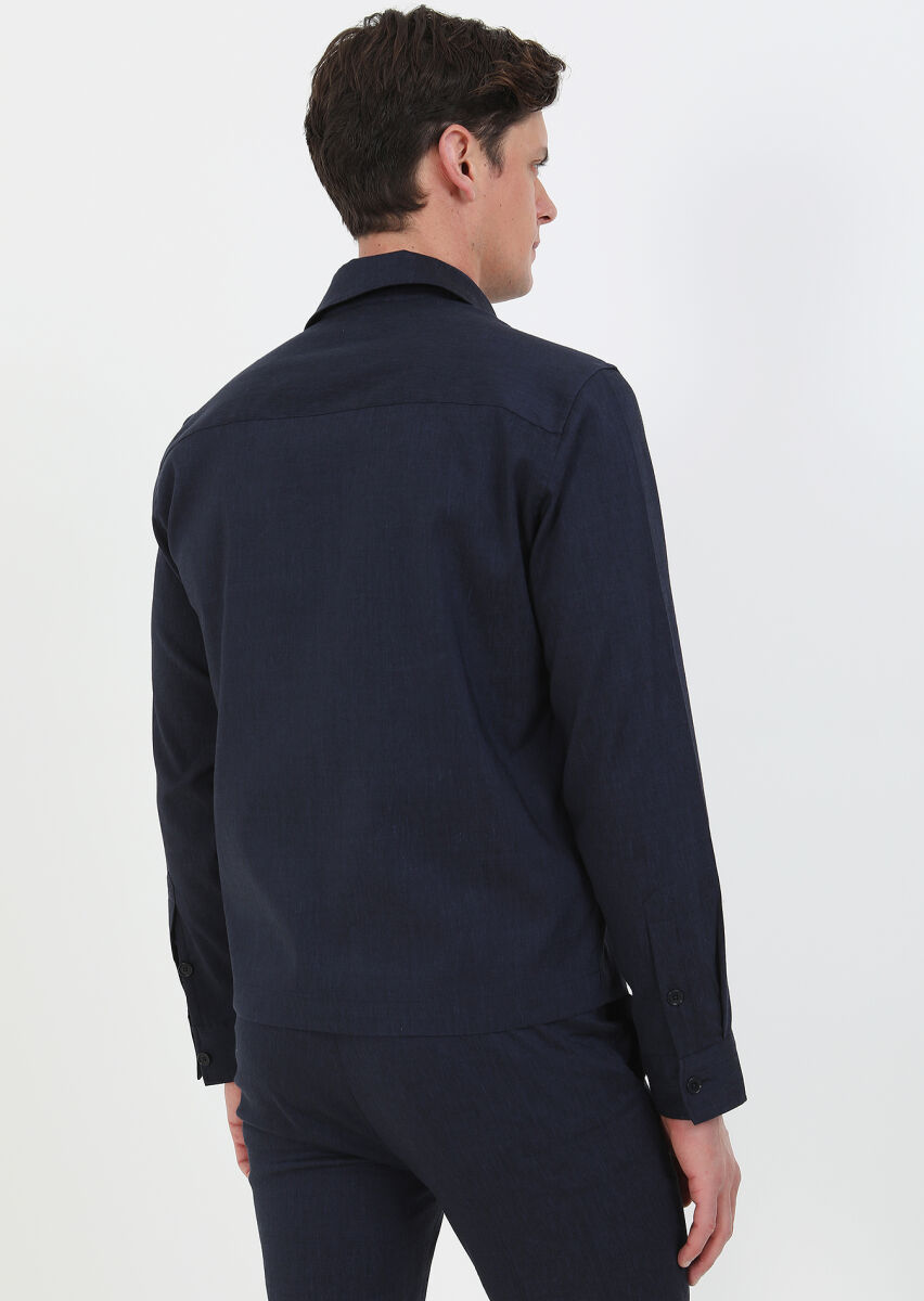 Lacivert Düz Casual Fit Uzun Dokuma Yün Karışımlı Overshırt - 7
