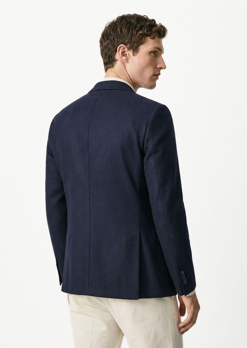 Lacivert Düz Comfort Fit %100 Yün Ceket - 5
