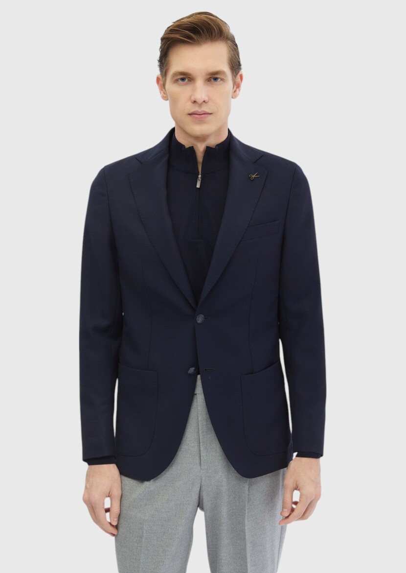 Lacivert Düz Comfort Fit %100 Yün Ceket - 1