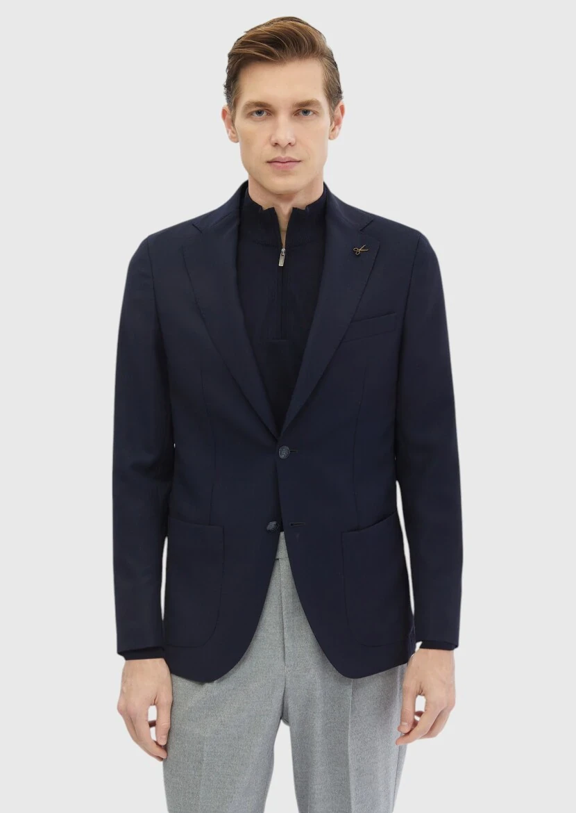 Lacivert Düz Comfort Fit %100 Yün Ceket - 1