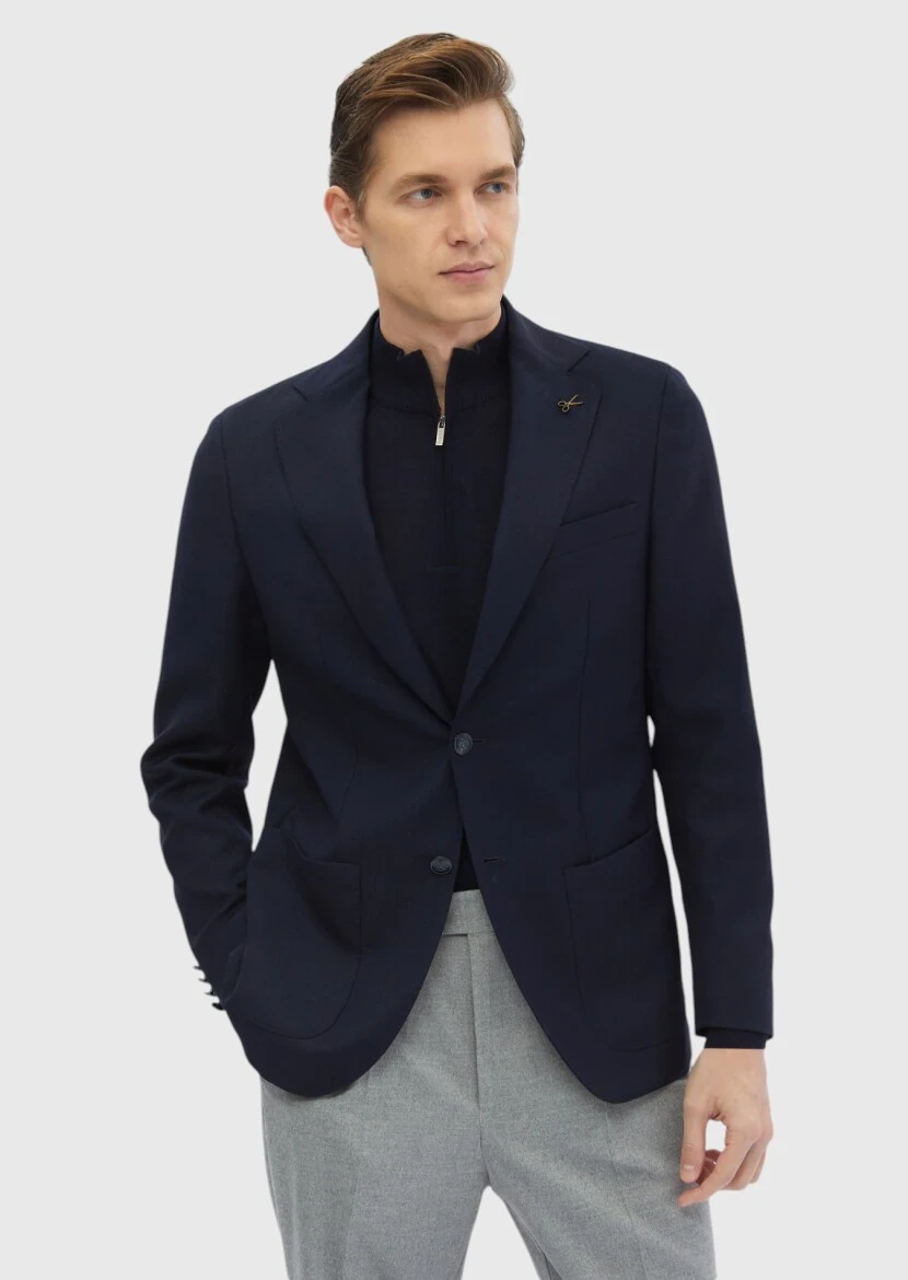 Lacivert Düz Comfort Fit %100 Yün Ceket - 3