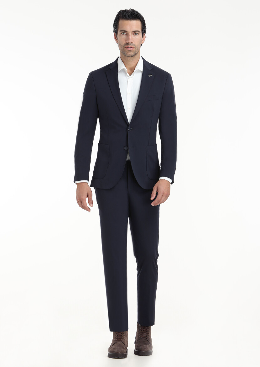 Lacivert Düz Comfort Fit Örme Takım Elbise - 1