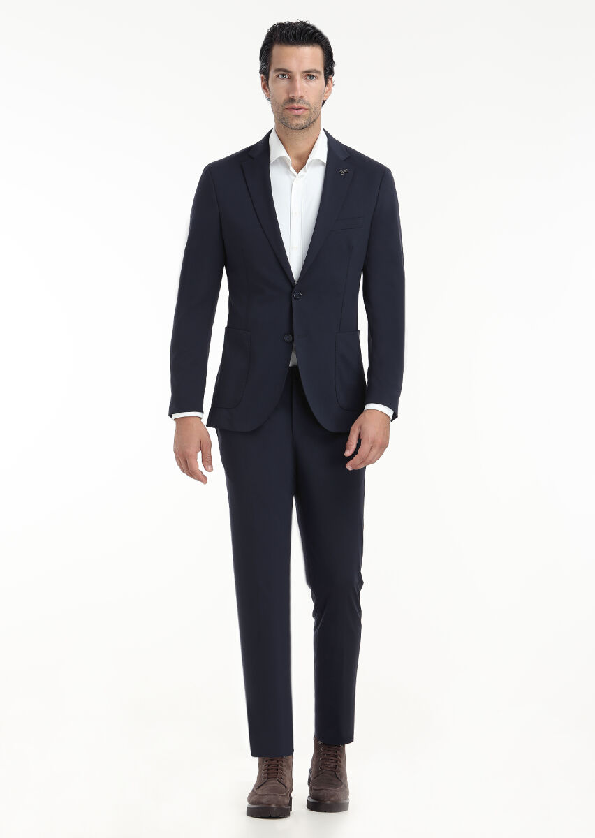 Lacivert Düz Comfort Fit Örme Takım Elbise - 1