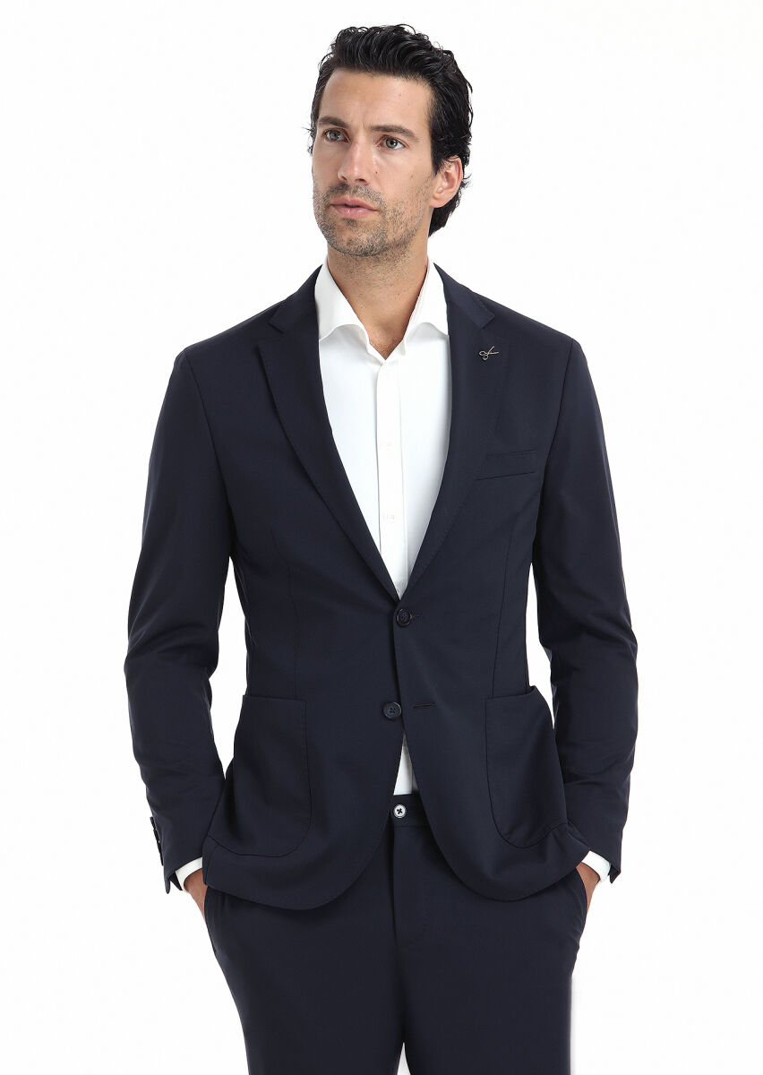 Lacivert Düz Comfort Fit Örme Takım Elbise - 2