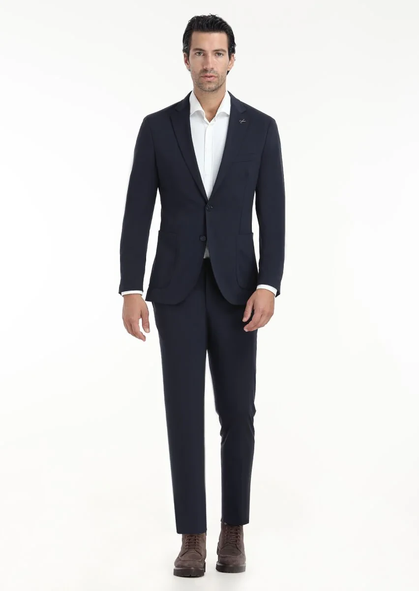 Lacivert Düz Comfort Fit Örme Takım Elbise - 1