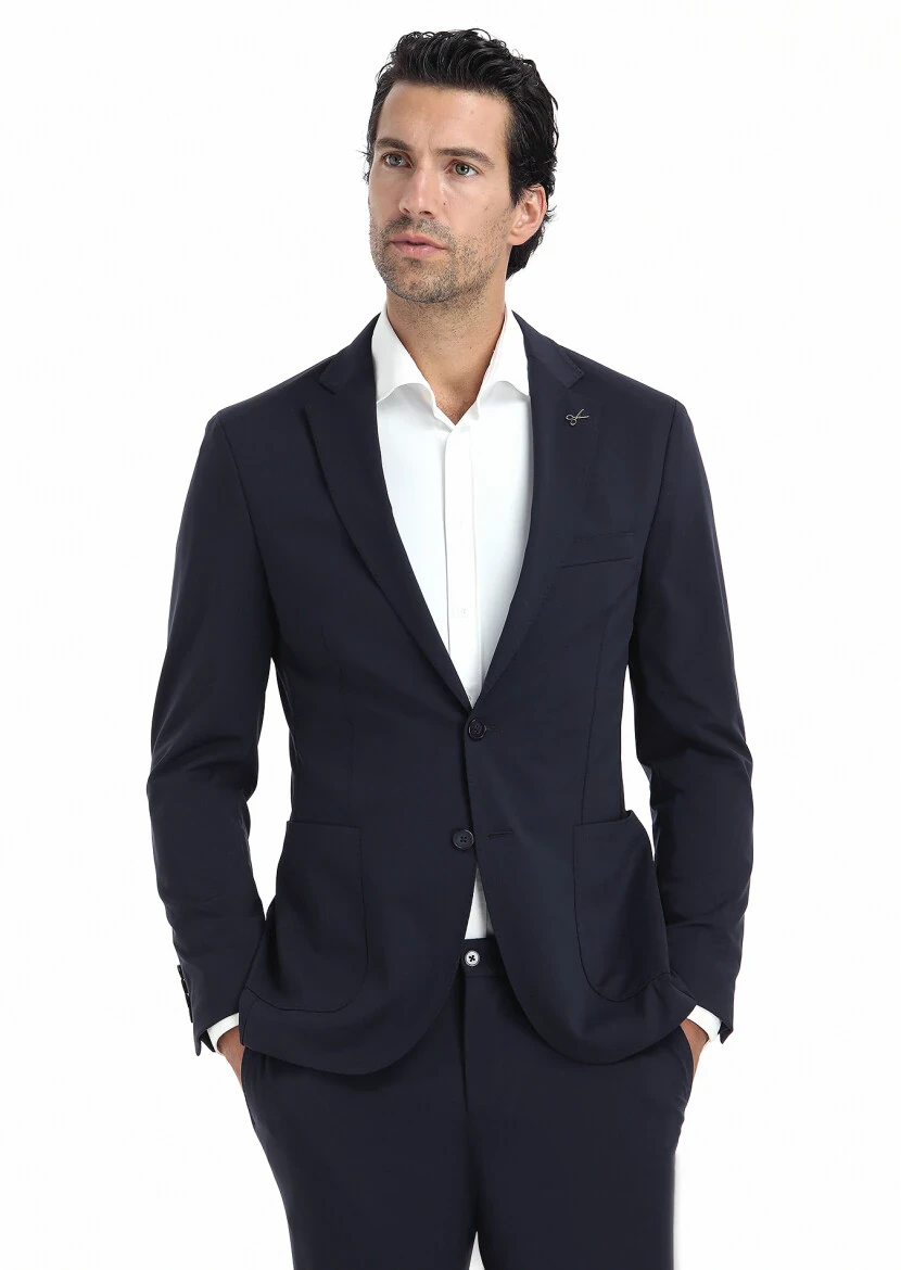 Lacivert Düz Comfort Fit Örme Takım Elbise - 2