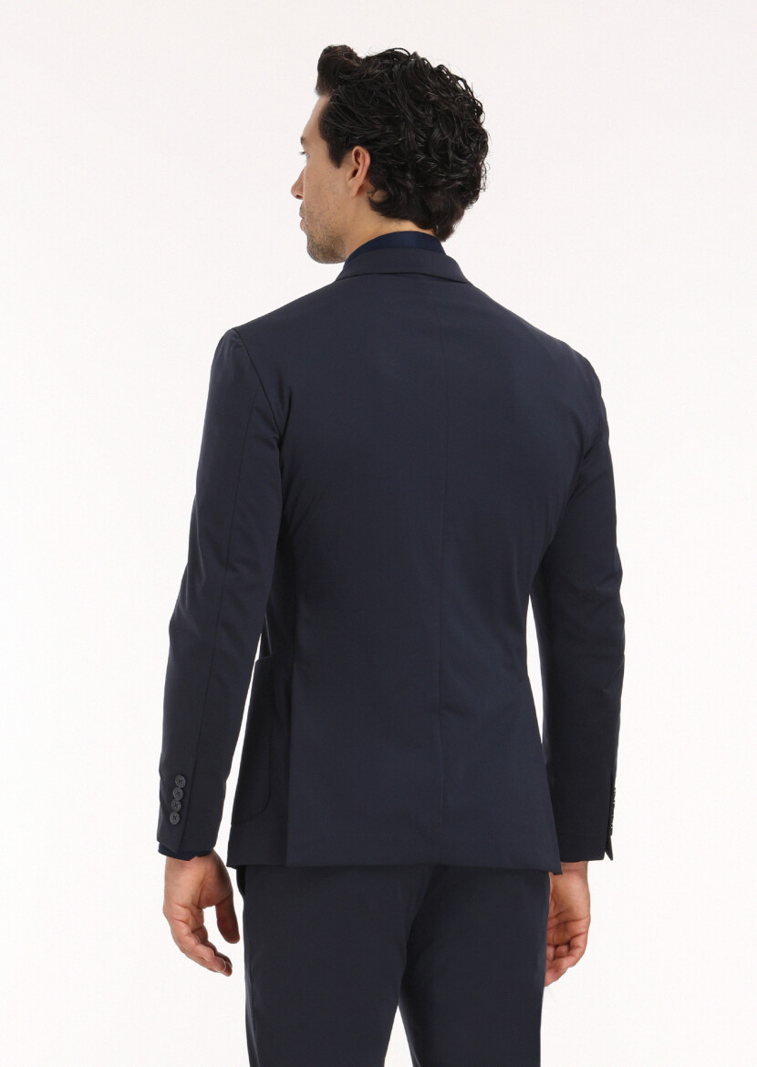 Lacivert Düz Comfort Fit Örme Takım Elbise - 9