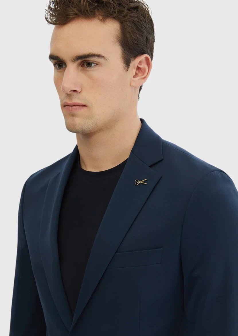 Lacivert Düz Comfort Fit Örme Takım Elbise - 4