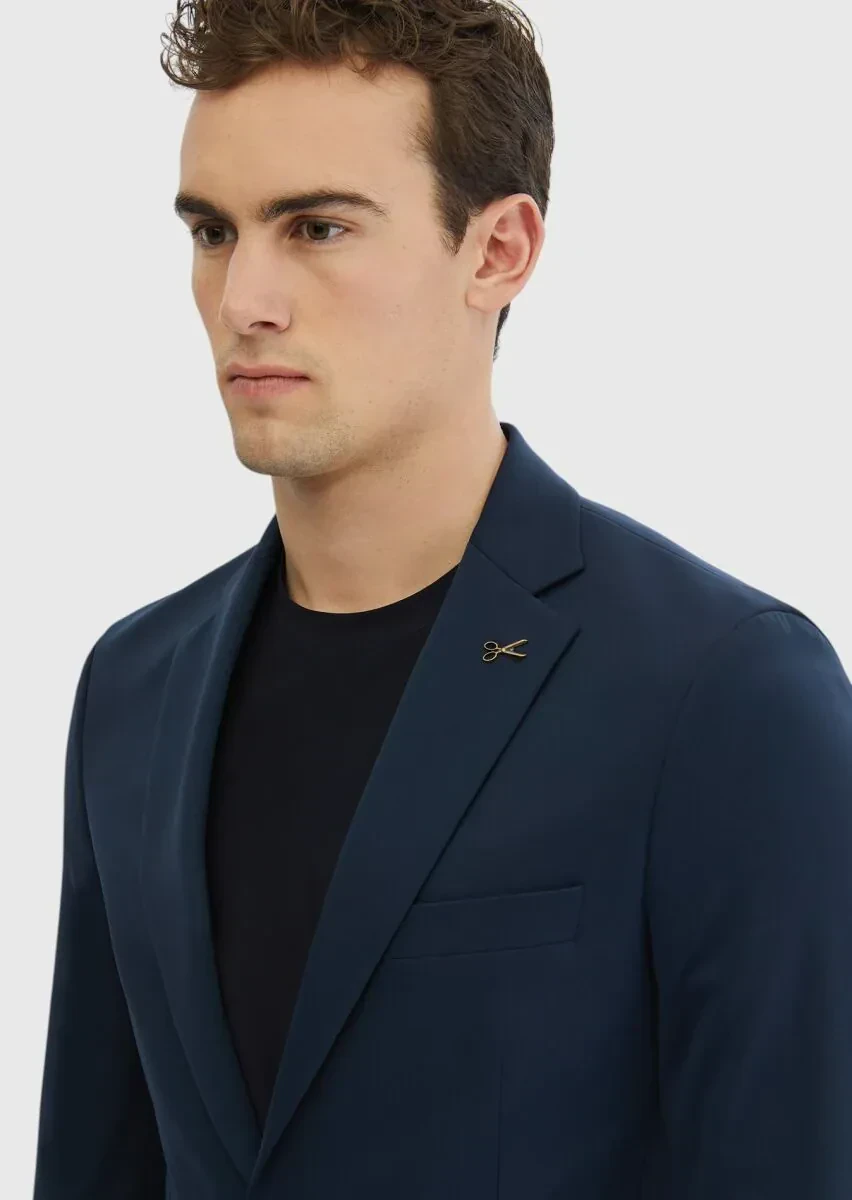 Lacivert Düz Comfort Fit Örme Takım Elbise - 4