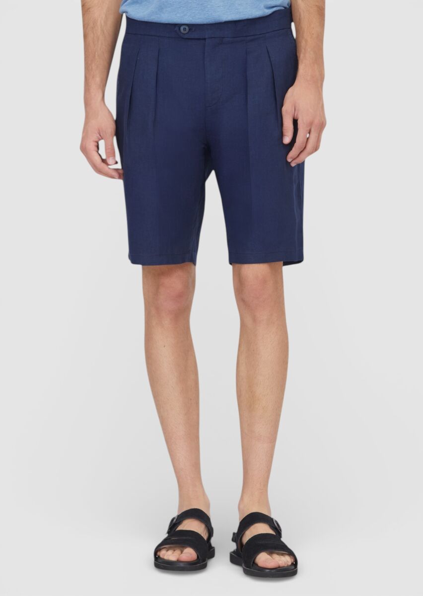 Lacivert Düz Dokuma Carrot Fit Casual %100 Keten Bermuda - 2