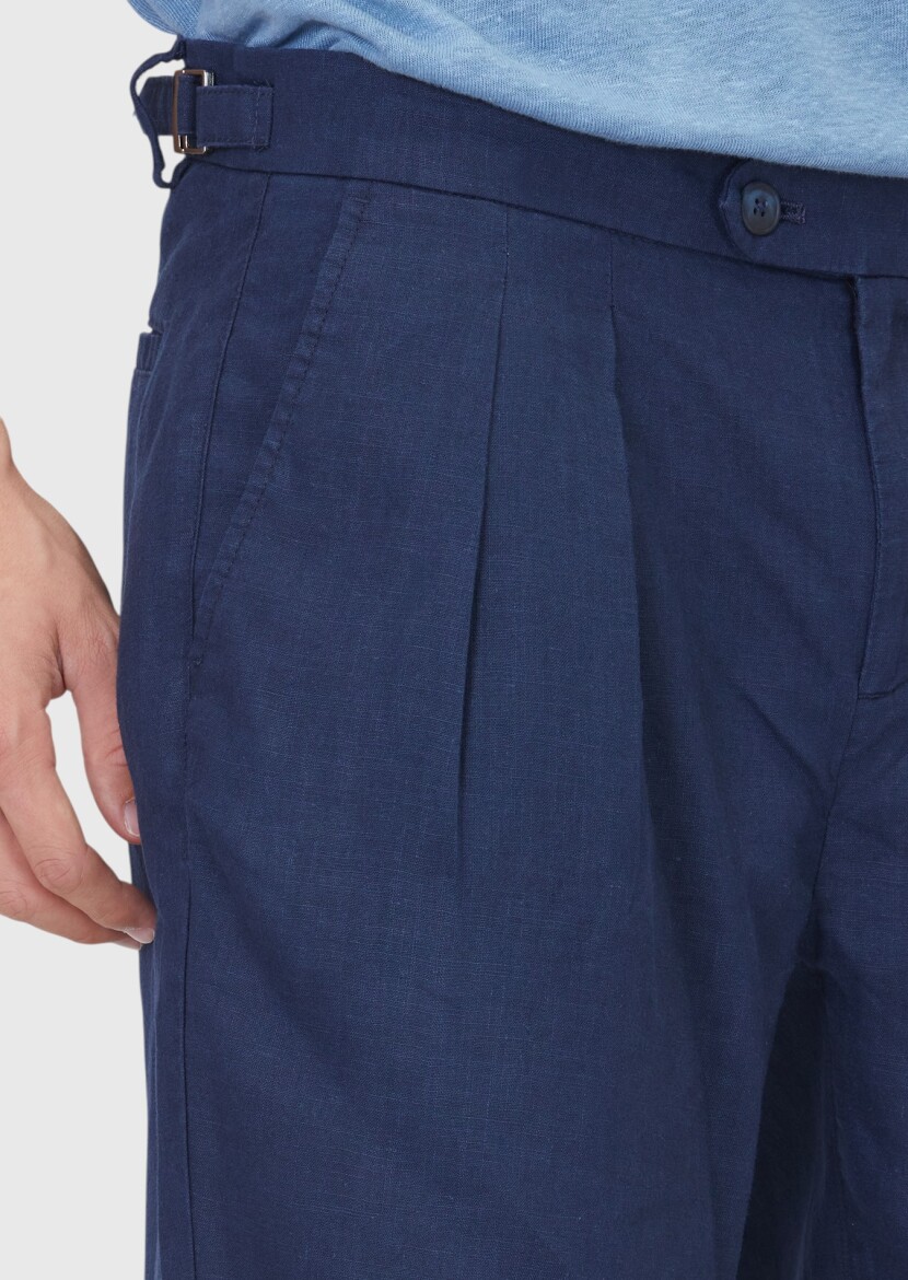 Lacivert Düz Dokuma Carrot Fit Casual %100 Keten Bermuda - 4