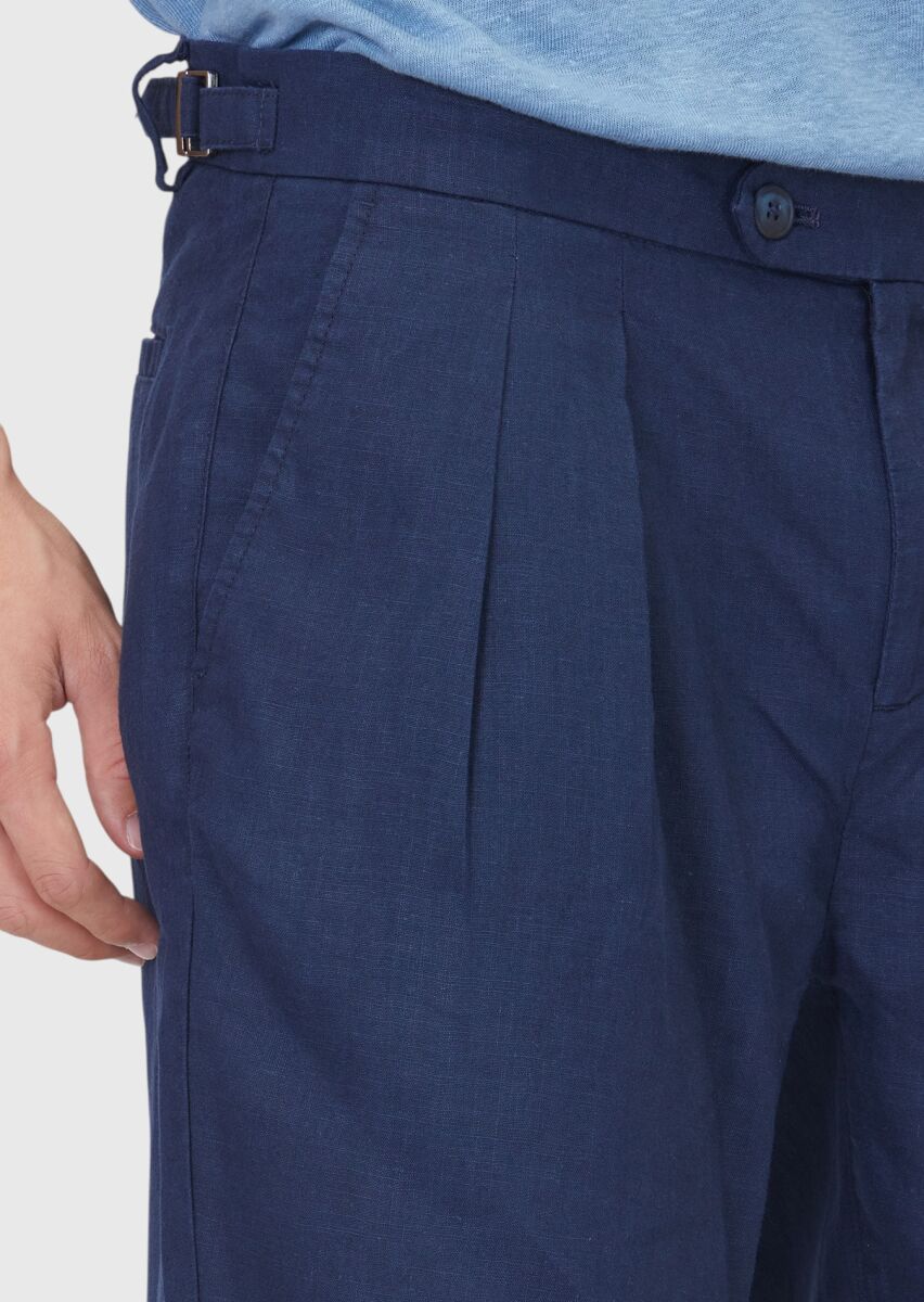 Lacivert Düz Dokuma Carrot Fit Casual %100 Keten Bermuda - 4